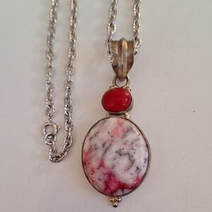 Pink Dendrite And Coral Colored Stone Necklace